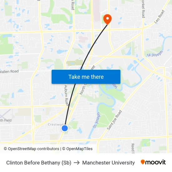 Clinton Before Bethany (Sb) to Manchester University map