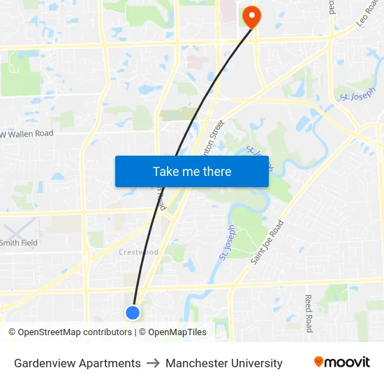 Gardenview Apartments to Manchester University map