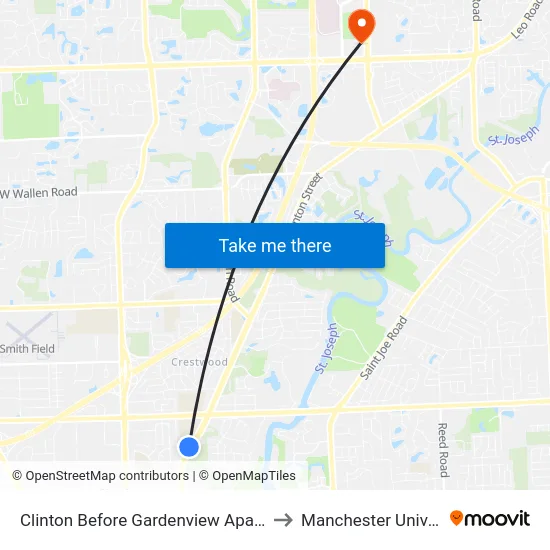 Clinton Before Gardenview Apartments to Manchester University map