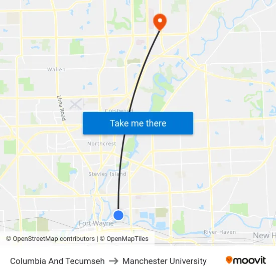 Columbia And Tecumseh to Manchester University map