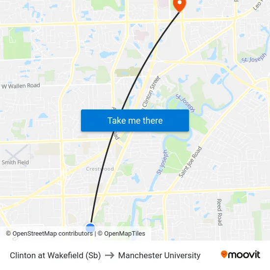 Clinton at Wakefield (Sb) to Manchester University map