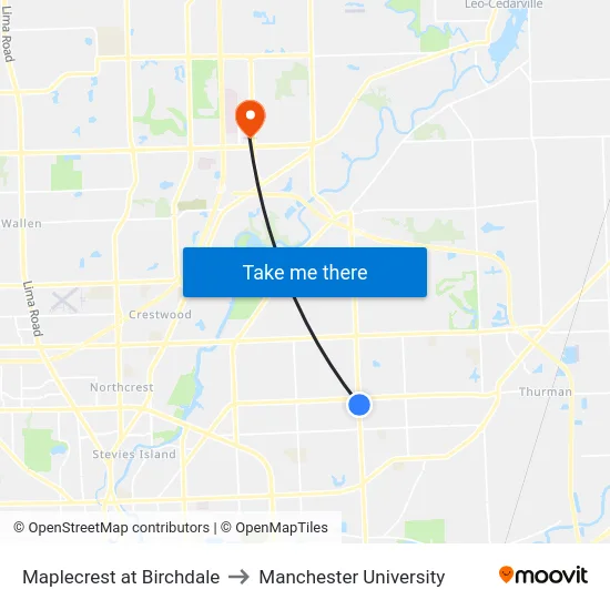 Maplecrest at Birchdale to Manchester University map