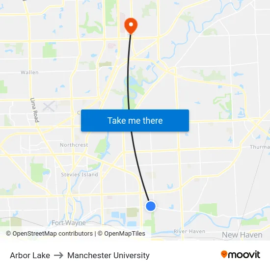 Arbor Lake to Manchester University map
