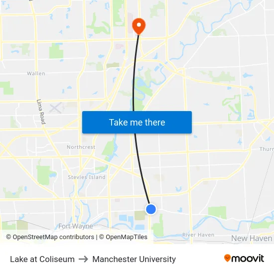 Lake at Coliseum to Manchester University map