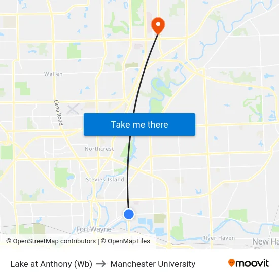 Lake at Anthony (Wb) to Manchester University map