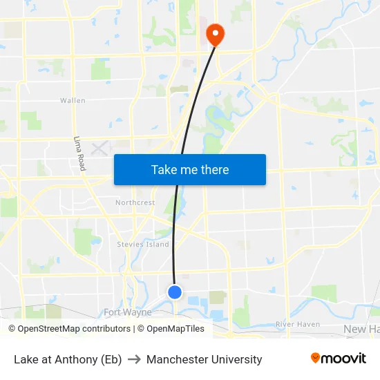 Lake at Anthony (Eb) to Manchester University map