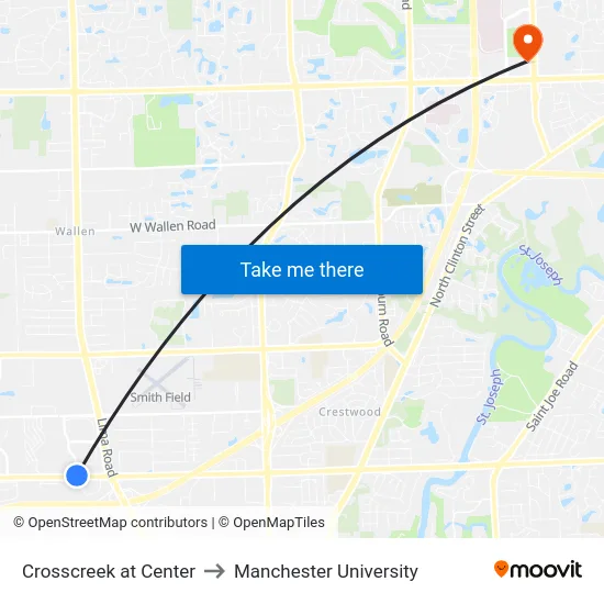 Crosscreek at Center to Manchester University map