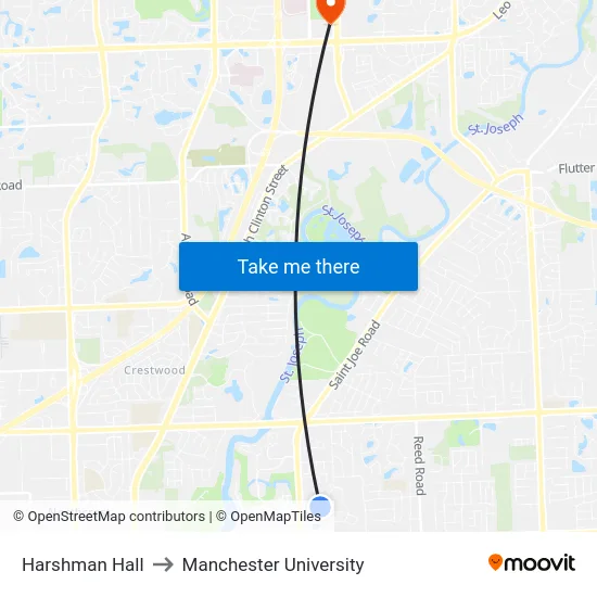 Harshman Hall to Manchester University map