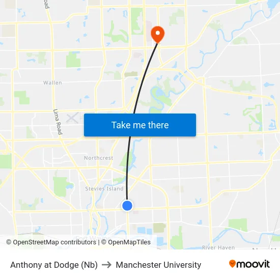 Anthony at Dodge (Nb) to Manchester University map