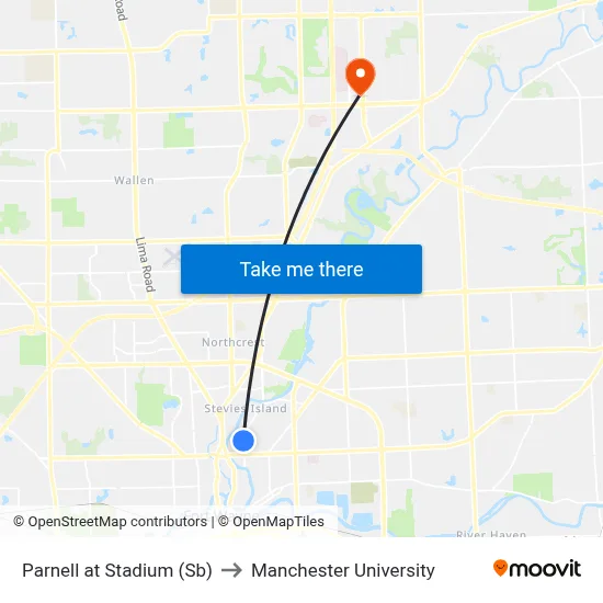 Parnell at Stadium (Sb) to Manchester University map