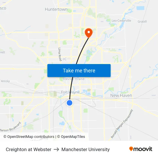 Creighton at Webster to Manchester University map