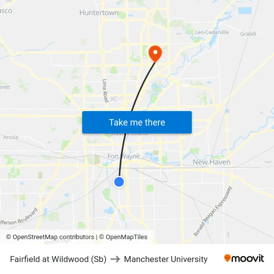 Fairfield at Wildwood (Sb) to Manchester University map
