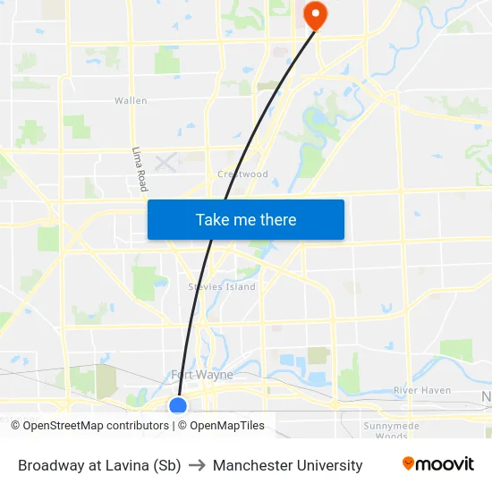 Broadway at Lavina (Sb) to Manchester University map