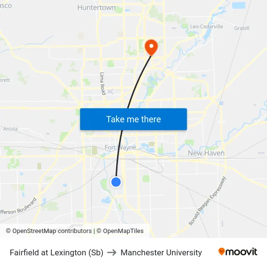 Fairfield at Lexington (Sb) to Manchester University map
