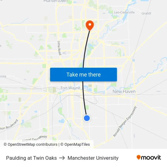 Paulding at Twin Oaks to Manchester University map