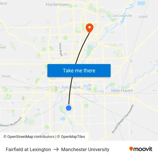 Fairfield at Lexington to Manchester University map