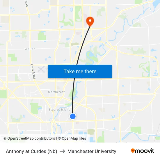 Anthony at Curdes (Nb) to Manchester University map