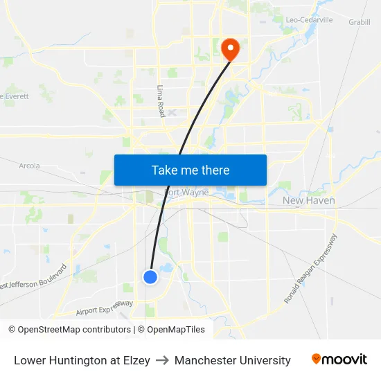 Lower Huntington at Elzey to Manchester University map