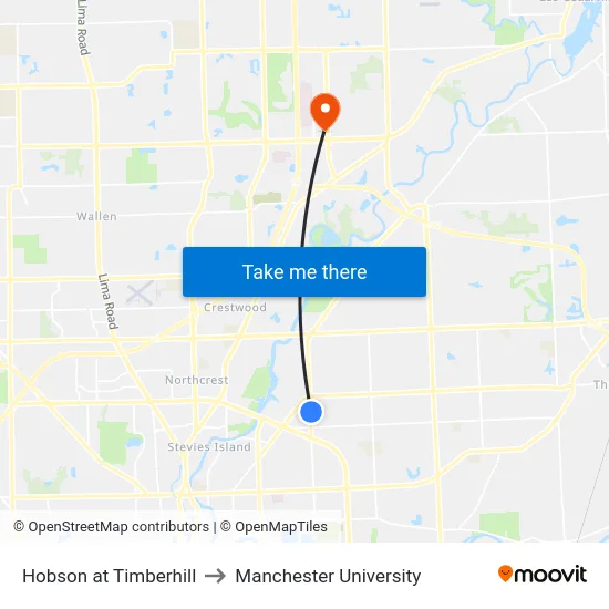 Hobson at Timberhill to Manchester University map