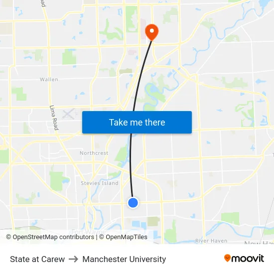 State at Carew to Manchester University map