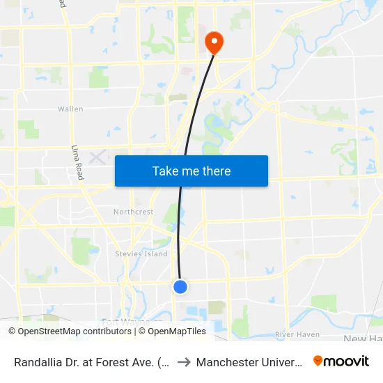 Randallia Dr. at Forest Ave. (Sb) to Manchester University map