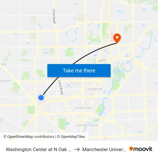 Washington Center at N Oak Blvd to Manchester University map