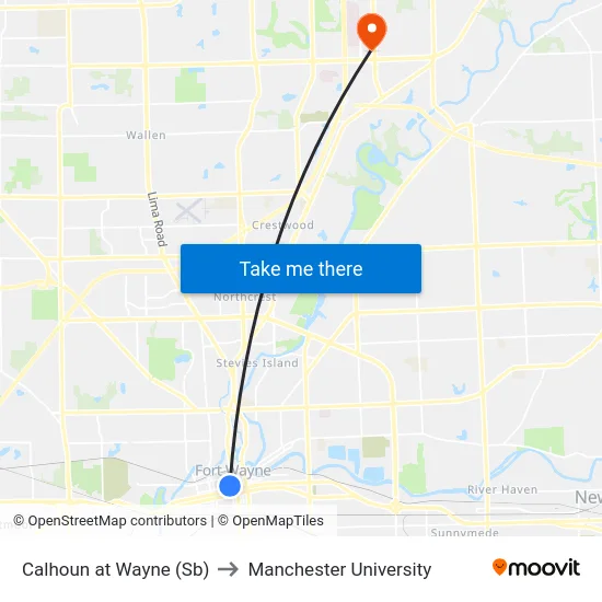 Calhoun at Wayne (Sb) to Manchester University map