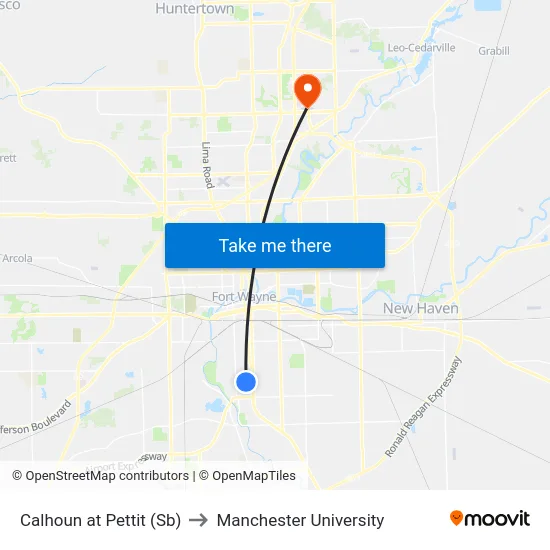 Calhoun at Pettit (Sb) to Manchester University map