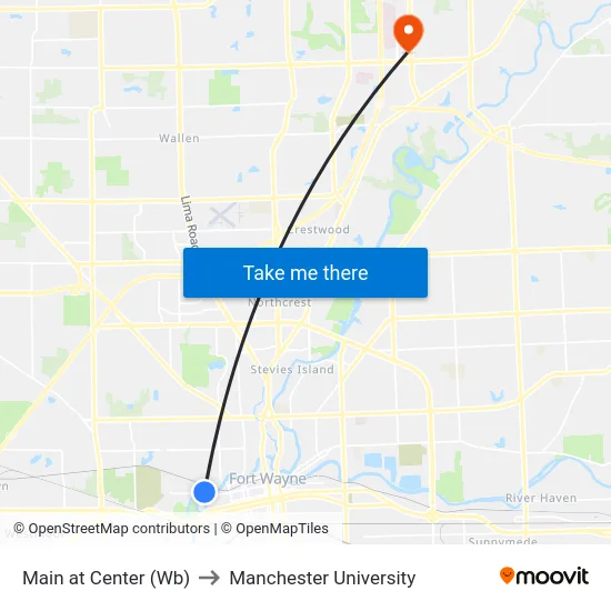 Main at Center (Wb) to Manchester University map