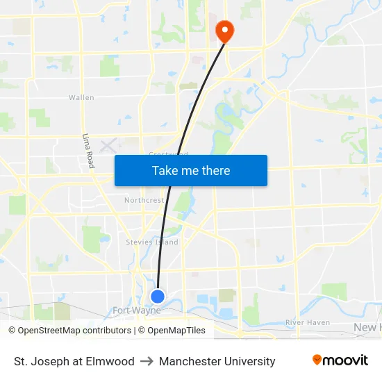 St. Joseph at Elmwood to Manchester University map