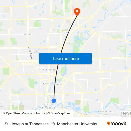 St. Joseph at Tennessee to Manchester University map
