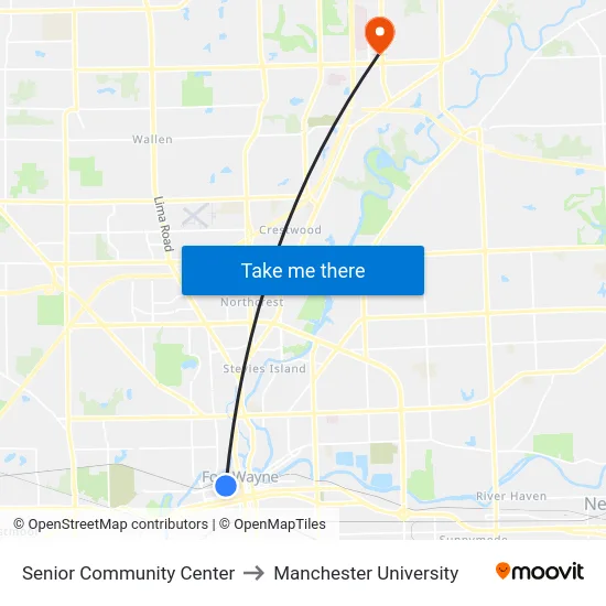 Senior Community Center to Manchester University map