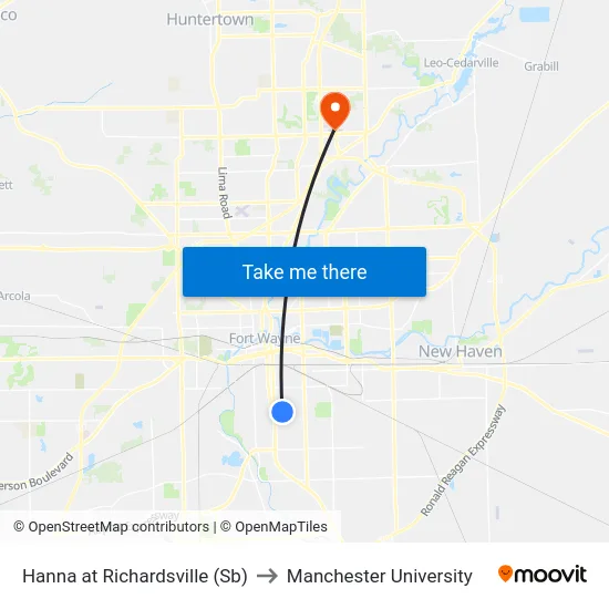 Hanna at Richardsville (Sb) to Manchester University map
