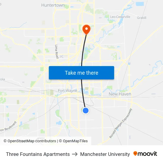 Three Fountains Apartments to Manchester University map