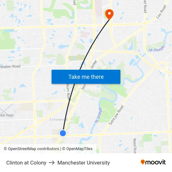 Clinton at Colony to Manchester University map