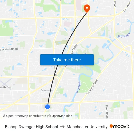 Bishop Dwenger High School to Manchester University map