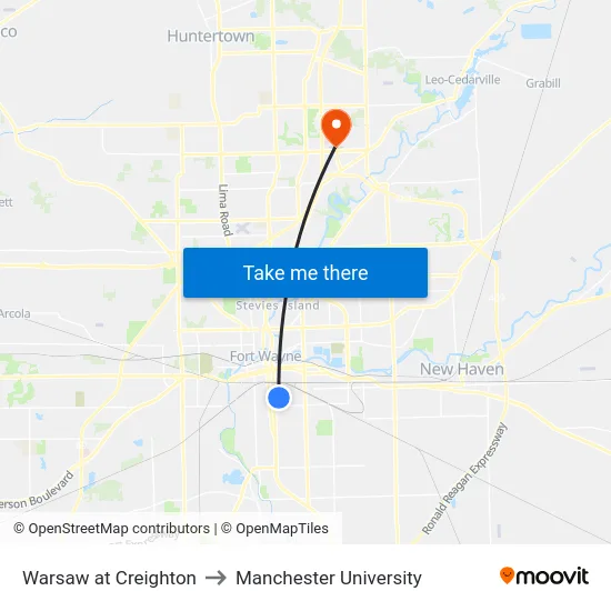 Warsaw at Creighton to Manchester University map