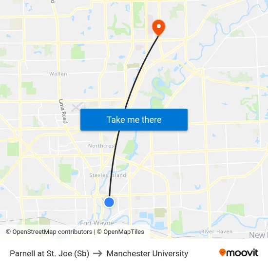Parnell at St. Joe (Sb) to Manchester University map
