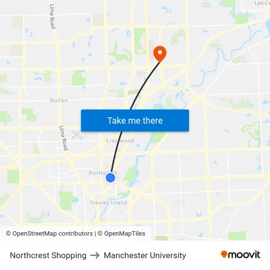 Northcrest Shopping to Manchester University map