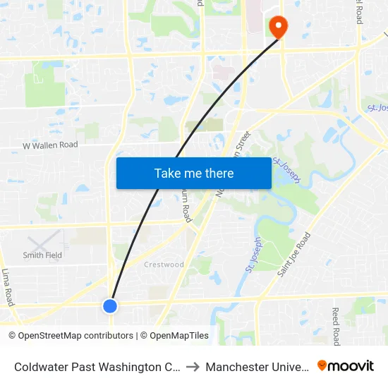 Coldwater Past Washington Center to Manchester University map
