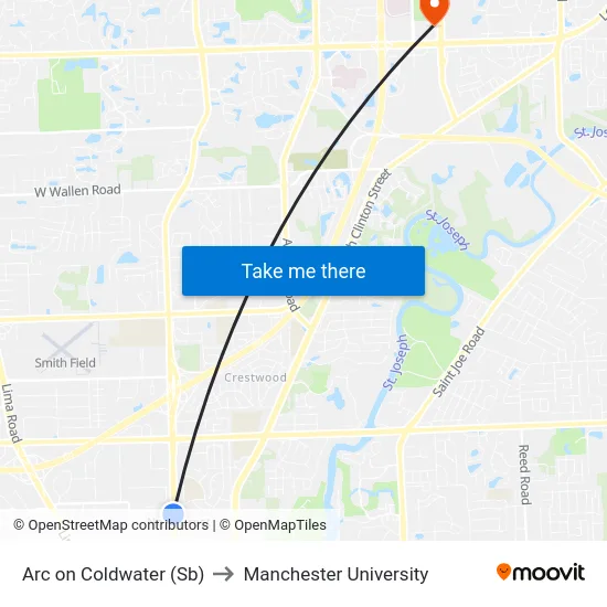 Arc on Coldwater (Sb) to Manchester University map