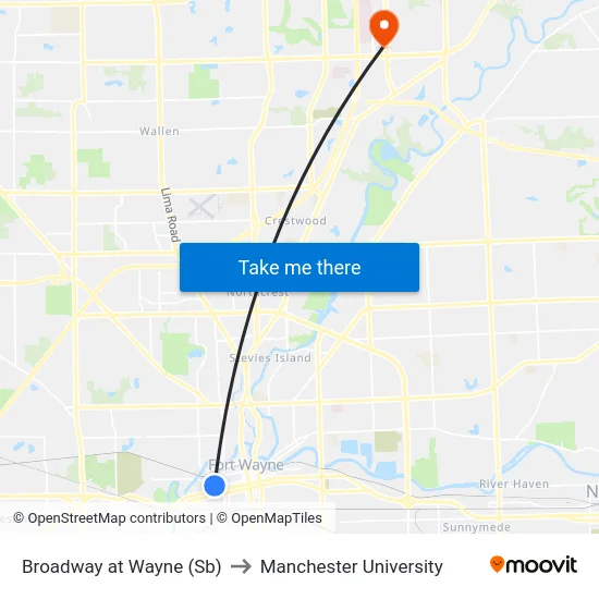 Broadway at Wayne (Sb) to Manchester University map