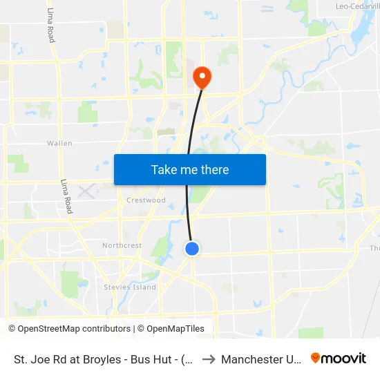 St. Joe Rd at Broyles - Bus Hut - (Nw Corner)(Sb) to Manchester University map