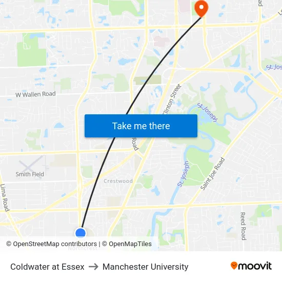 Coldwater at Essex to Manchester University map