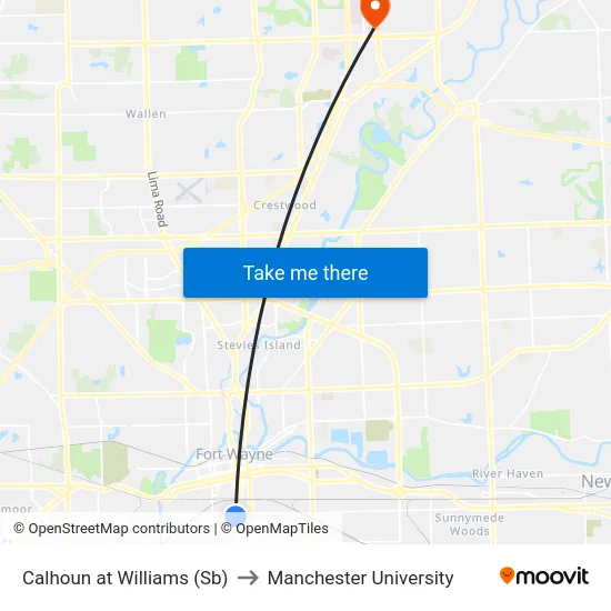 Calhoun at Williams (Sb) to Manchester University map