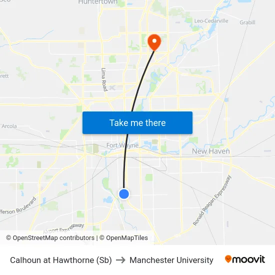 Calhoun at Hawthorne (Sb) to Manchester University map
