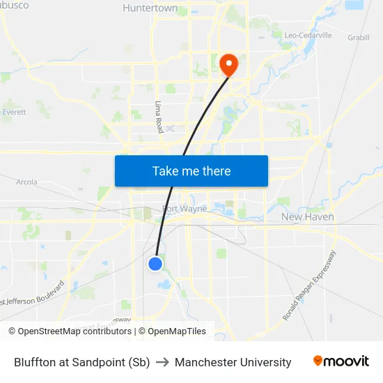 Bluffton at Sandpoint (Sb) to Manchester University map