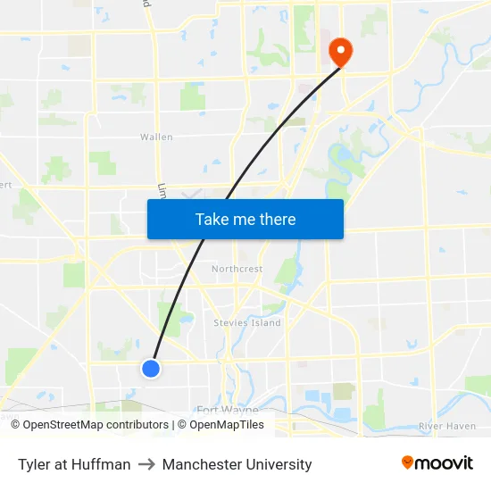 Tyler at Huffman to Manchester University map