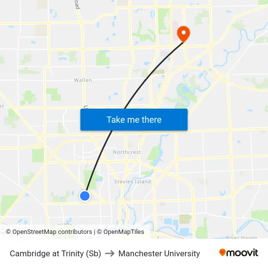 Cambridge at Trinity (Sb) to Manchester University map