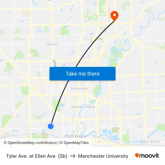 Tyler Ave. at Ellen Ave. (Sb) to Manchester University map